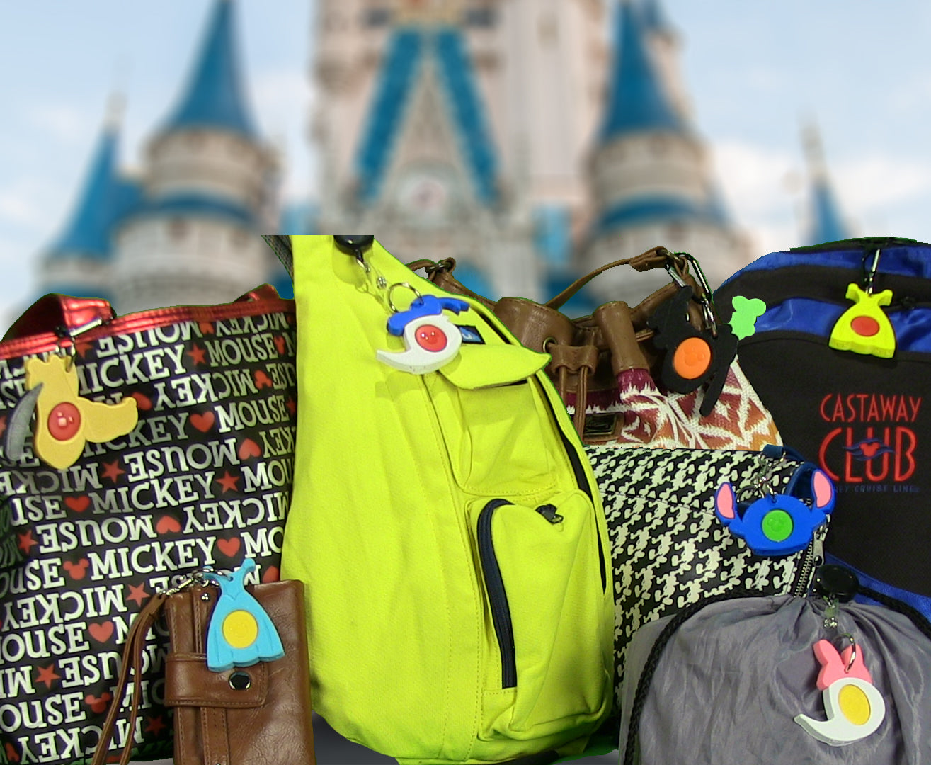 Many different Magic Band Buddies shown attached to various bags and backpacks